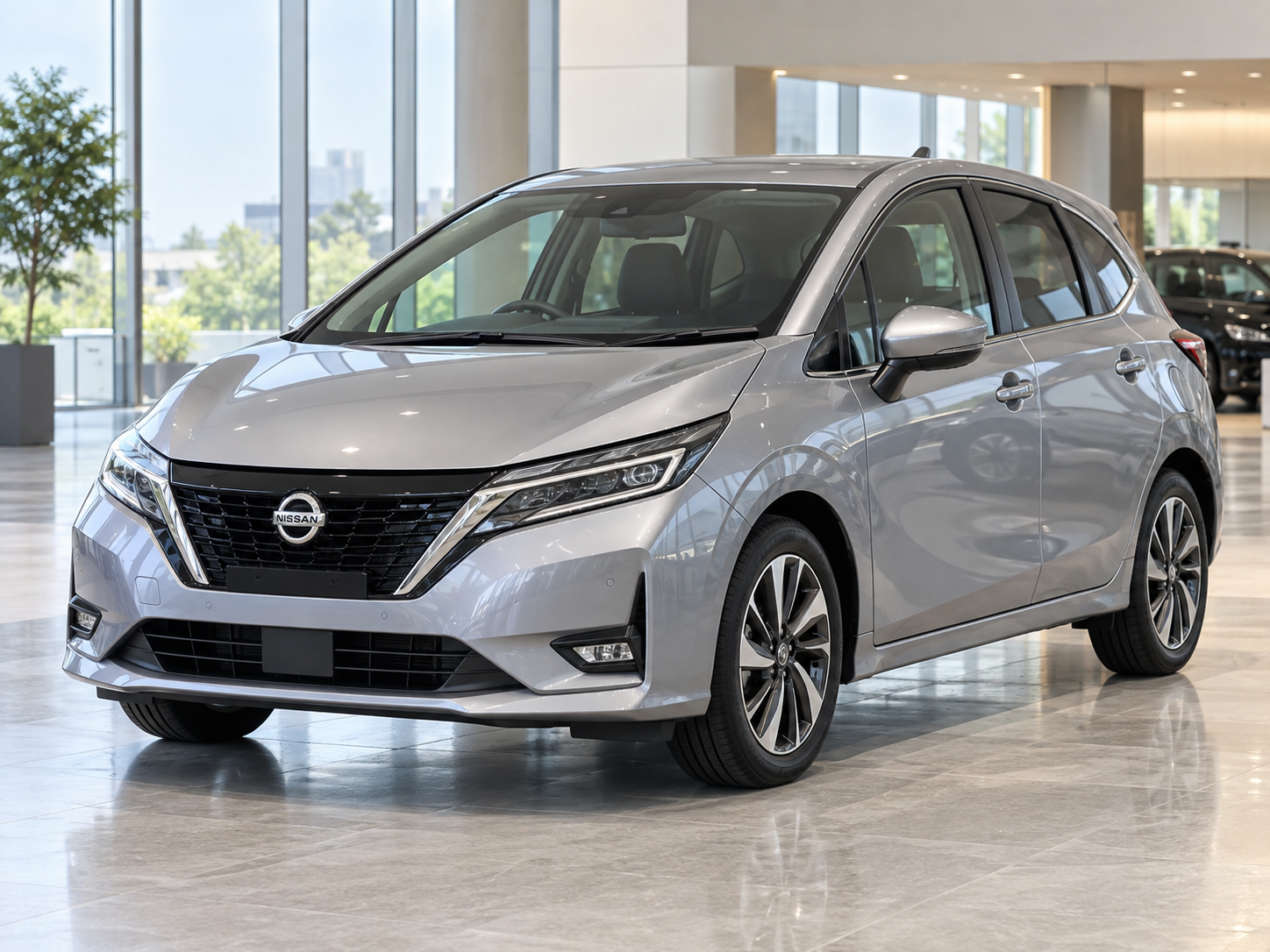 Silver Nissan Note in a bright showroom